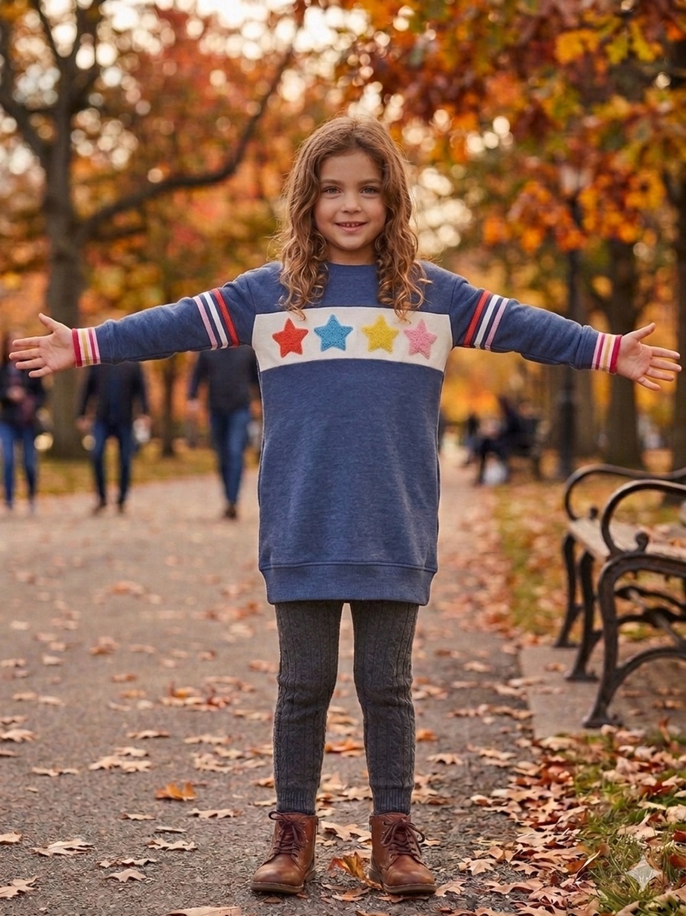 Girls' Navy Hooded Sweatshirt Dress with Colorful Star Appliqués